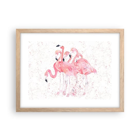 Obraz - Plakat - Różowy ansambl - 40x30cm - Flamingi Ptaki Grafika - Foto Plakaty na ścianę w ramie jasny dąb - Plakat do Salonu Sypialni ARTTOR ARTTOR