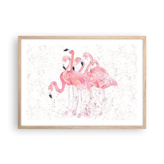 Obraz - Plakat - Różowy ansambl - 70x50cm - Flamingi Ptaki Grafika - Nowoczesny modny obraz Plakat rama jasny dąb ARTTOR ARTTOR