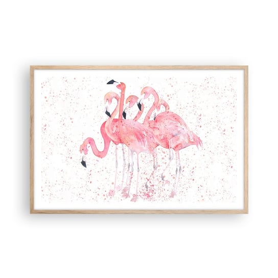 Obraz - Plakat - Różowy ansambl - 91x61cm - Flamingi Ptaki Grafika - Foto Plakaty na ścianę w ramie jasny dąb - Plakat do Salonu Sypialni ARTTOR ARTTOR