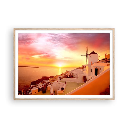 Obraz - Plakat - Rozpłynąć się w bieli i złocie - 100x70cm - Krajobraz Santorini Grecja - Foto Plakaty w ramie koloru jasny dąb do Salonu Sypialni ARTTOR ARTTOR