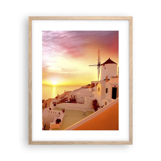 Obraz - Plakat - Rozpłynąć się w bieli i złocie - 40x50cm - Krajobraz Santorini Grecja - Foto Plakaty w ramie koloru jasny dąb do Salonu Sypialni ARTTOR ARTTOR