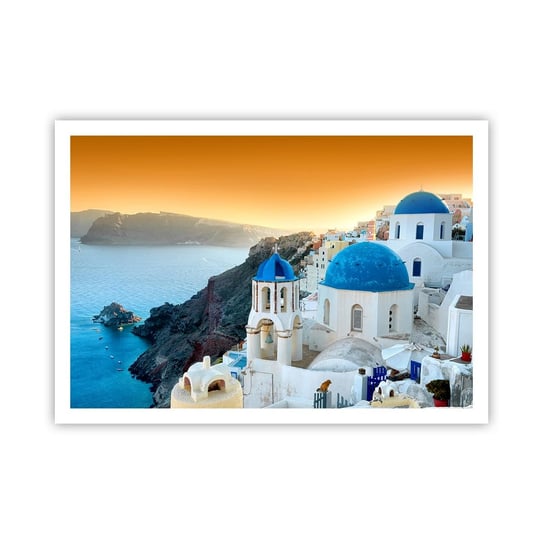 Obraz - Plakat - Santorini - przytulone do skał - 100x70cm - Krajobraz Grecja Santorini - Foto Plakaty bez ramy na ścianę do Salonu Sypialni ARTTOR ARTTOR