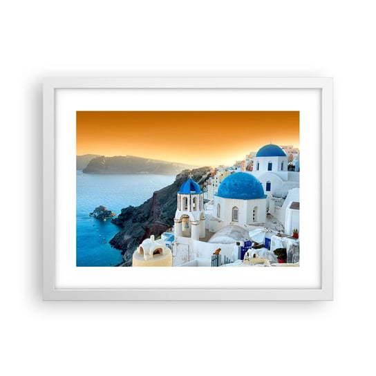 Obraz - Plakat - Santorini - przytulone do skał - 40x30cm - Krajobraz Grecja Santorini - Foto Plakaty na ścianę w ramie białej - Plakat do Salonu Sypialni ARTTOR ARTTOR