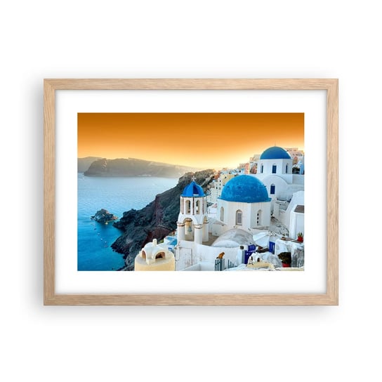 Obraz - Plakat - Santorini - przytulone do skał - 40x30cm - Krajobraz Grecja Santorini - Foto Plakaty na ścianę w ramie jasny dąb - Plakat do Salonu Sypialni ARTTOR ARTTOR