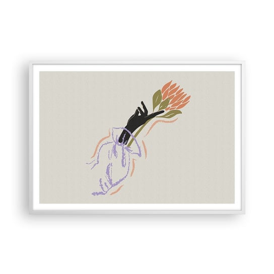 Obraz - Plakat - Siostrzany dotyk - 100x70cm - Dłoń Kwiat Minimalizm - Foto Plakaty w ramie koloru białego do Salonu Sypialni ARTTOR ARTTOR