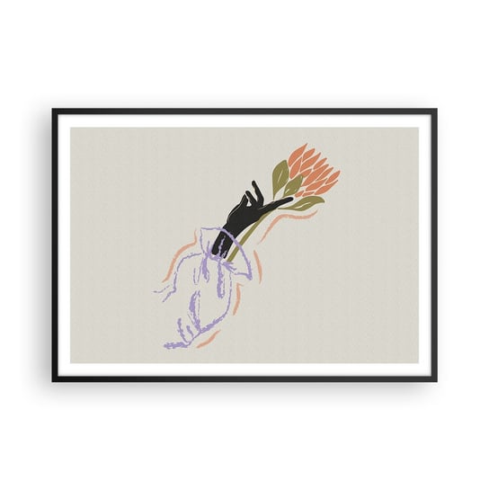 Obraz - Plakat - Siostrzany dotyk - 100x70cm - Dłoń Kwiat Minimalizm - Foto Plakaty w ramie koloru czarnego do Salonu Sypialni ARTTOR ARTTOR