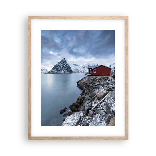 Obraz - Plakat - Skandynawskie zacisze - 40x50cm - Norwegia Fiordy Domek - Foto Plakaty w ramie koloru jasny dąb do Salonu Sypialni ARTTOR ARTTOR