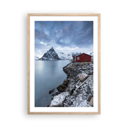Obraz - Plakat - Skandynawskie zacisze - 50x70cm - Norwegia Fiordy Domek - Nowoczesny modny obraz Plakat rama jasny dąb ARTTOR ARTTOR