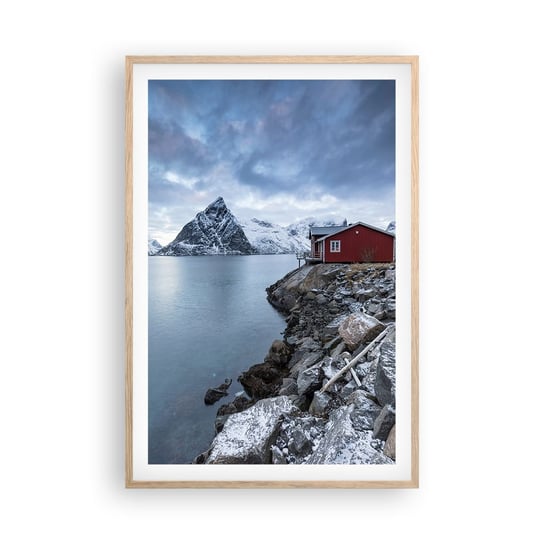 Obraz - Plakat - Skandynawskie zacisze - 61x91cm - Norwegia Fiordy Domek - Foto Plakaty na ścianę w ramie jasny dąb - Plakat do Salonu Sypialni ARTTOR ARTTOR