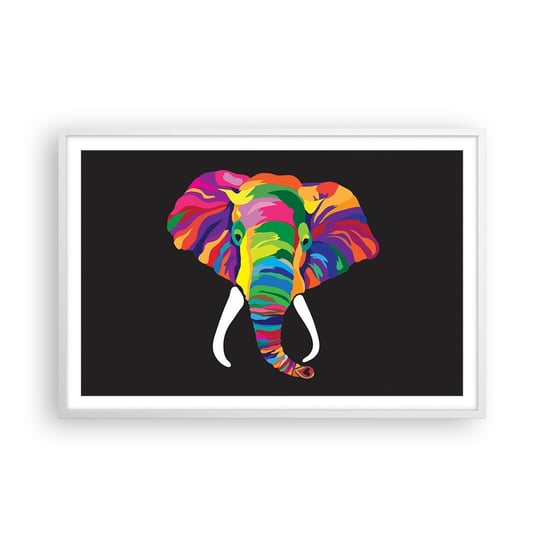 Obraz - Plakat - Słoń, który kochał kąpać się w tęczy - 91x61cm - Zwierzęta Słoń Kolorowy Obraz - Foto Plakaty na ścianę w ramie białej - Plakat do Salonu Sypialni ARTTOR ARTTOR
