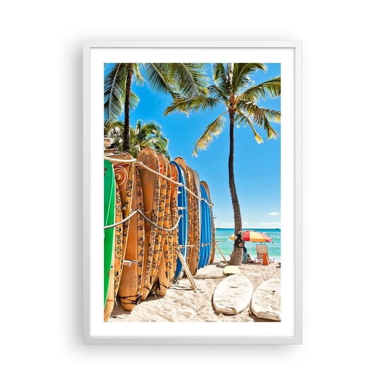 Obraz - Plakat - Słoneczna zabawa - 50x70cm - Krajobraz Deska Surfingowa Plaża - Nowoczesny modny obraz Plakat rama biała ARTTOR ARTTOR
