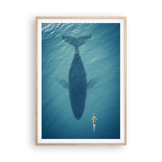 Obraz - Plakat - Spotkanie na oceanie - 70x100cm - Krajobraz Ocean Wieloryb - Foto Plakaty w ramie koloru jasny dąb do Salonu Sypialni ARTTOR ARTTOR