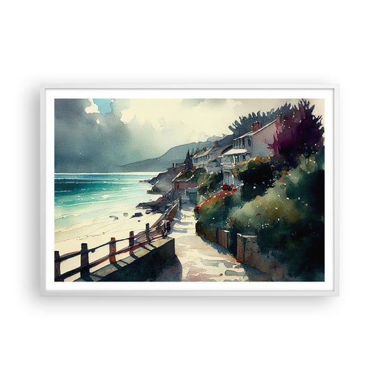 Obraz - Plakat - Śródziemnomorskie miasteczko - 100x70cm - Domy Pejzaż Plaża - Foto Plakaty w ramie koloru białego do Salonu Sypialni ARTTOR ARTTOR