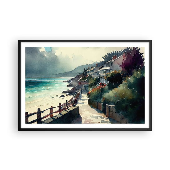 Obraz - Plakat - Śródziemnomorskie miasteczko - 91x61cm - Domy Pejzaż Plaża - Foto Plakaty na ścianę w czarnej ramie - Plakat do Salonu Sypialni ARTTOR ARTTOR