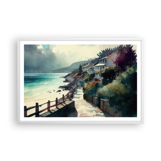 Obraz - Plakat - Śródziemnomorskie miasteczko - 91x61cm - Domy Pejzaż Plaża - Foto Plakaty na ścianę w ramie białej - Plakat do Salonu Sypialni ARTTOR ARTTOR