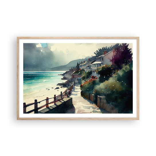 Obraz - Plakat - Śródziemnomorskie miasteczko - 91x61cm - Domy Pejzaż Plaża - Foto Plakaty na ścianę w ramie jasny dąb - Plakat do Salonu Sypialni ARTTOR ARTTOR