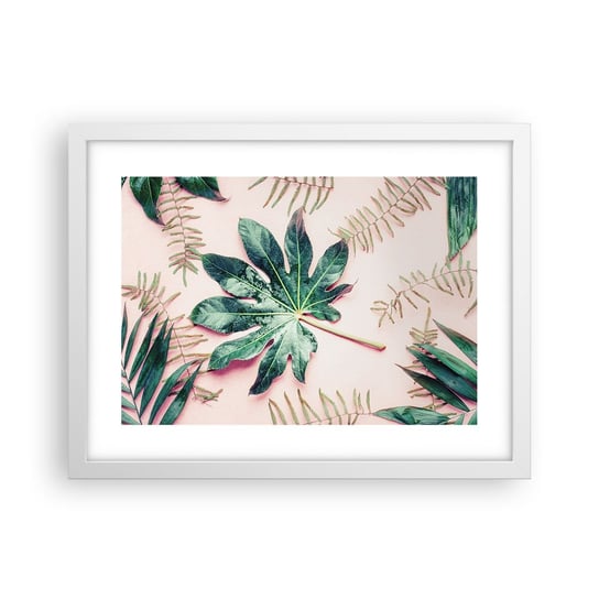 Obraz - Plakat - Studium zieleni na różowym tle - 40x30cm - Roślina Tropikalna Liście Palmowe Liść Paproci - Foto Plakaty na ścianę w ramie białej - Plakat do Salonu Sypialni ARTTOR ARTTOR