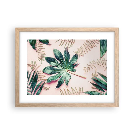 Obraz - Plakat - Studium zieleni na różowym tle - 40x30cm - Roślina Tropikalna Liście Palmowe Liść Paproci - Foto Plakaty na ścianę w ramie jasny dąb - Plakat do Salonu Sypialni ARTTOR ARTTOR
