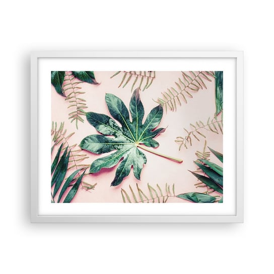 Obraz - Plakat - Studium zieleni na różowym tle - 50x40cm - Roślina Tropikalna Liście Palmowe Liść Paproci - Foto Plakaty w ramie koloru białego do Salonu Sypialni ARTTOR ARTTOR