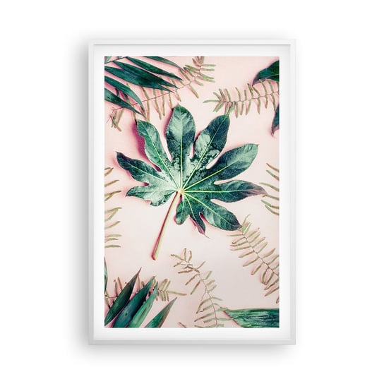 Obraz - Plakat - Studium zieleni na różowym tle - 61x91cm - Roślina Tropikalna Liście Palmowe Liść Paproci - Foto Plakaty na ścianę w ramie białej - Plakat do Salonu Sypialni ARTTOR ARTTOR