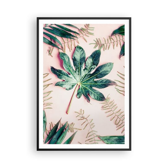 Obraz - Plakat - Studium zieleni na różowym tle - 70x100cm - Roślina Tropikalna Liście Palmowe Liść Paproci - Foto Plakaty w ramie koloru czarnego do Salonu Sypialni ARTTOR ARTTOR