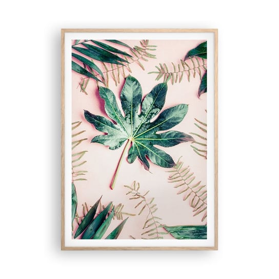 Obraz - Plakat - Studium zieleni na różowym tle - 70x100cm - Roślina Tropikalna Liście Palmowe Liść Paproci - Foto Plakaty w ramie koloru jasny dąb do Salonu Sypialni ARTTOR ARTTOR