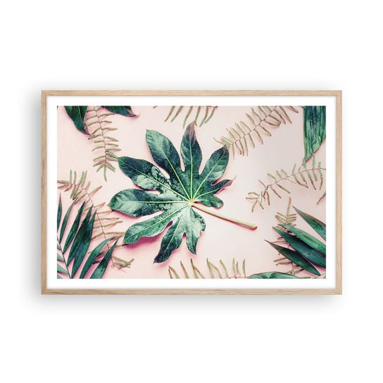 Obraz - Plakat - Studium zieleni na różowym tle - 91x61cm - Roślina Tropikalna Liście Palmowe Liść Paproci - Foto Plakaty na ścianę w ramie jasny dąb - Plakat do Salonu Sypialni ARTTOR ARTTOR