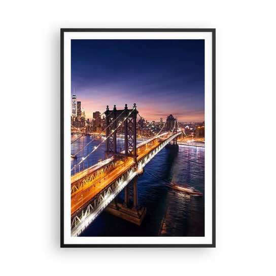 Obraz - Plakat - Świetlistym mostem do serca miasta - 70x100cm - Miasto Nowy Jork Most Brookliński - Foto Plakaty w ramie koloru czarnego do Salonu Sypialni ARTTOR ARTTOR