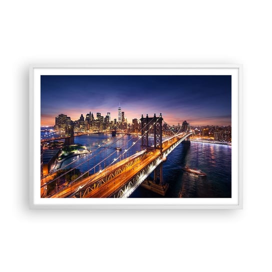 Obraz - Plakat - Świetlistym mostem do serca miasta - 91x61cm - Miasto Nowy Jork Most Brookliński - Foto Plakaty na ścianę w ramie białej - Plakat do Salonu Sypialni ARTTOR ARTTOR