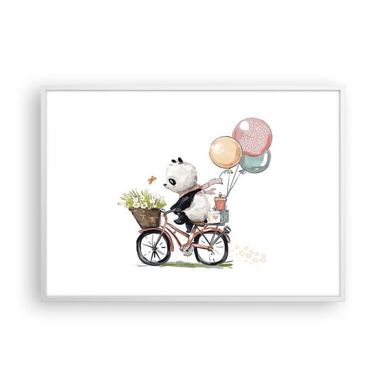 Obraz - Plakat - Szczęśliwy dzień - 100x70cm - Dla Dzieci Panda Na Rowerze Abstrakcja - Foto Plakaty w ramie koloru białego do Salonu Sypialni ARTTOR ARTTOR