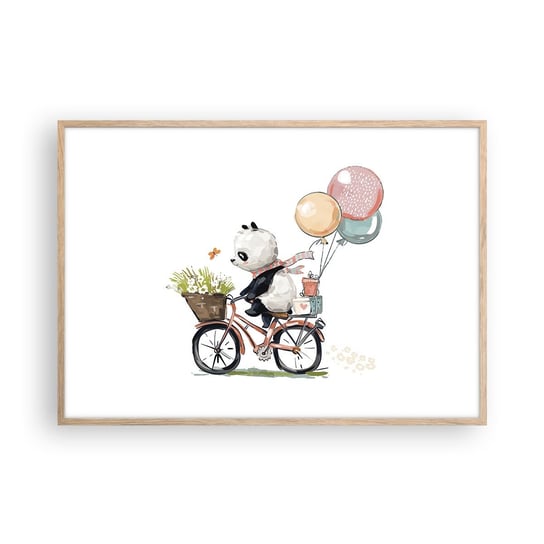 Obraz - Plakat - Szczęśliwy dzień - 100x70cm - Dla Dzieci Panda Na Rowerze Abstrakcja - Foto Plakaty w ramie koloru jasny dąb do Salonu Sypialni ARTTOR ARTTOR