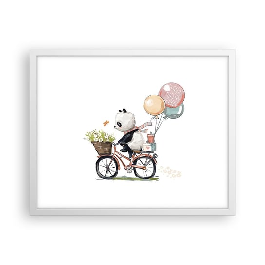Obraz - Plakat - Szczęśliwy dzień - 50x40cm - Dla Dzieci Panda Na Rowerze Abstrakcja - Foto Plakaty w ramie koloru białego do Salonu Sypialni ARTTOR ARTTOR