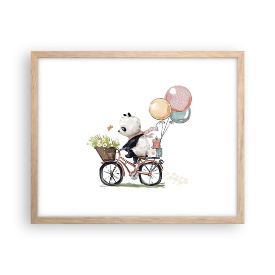 Obraz - Plakat - Szczęśliwy dzień - 50x40cm - Dla Dzieci Panda Na Rowerze Abstrakcja - Foto Plakaty w ramie koloru jasny dąb do Salonu Sypialni ARTTOR ARTTOR