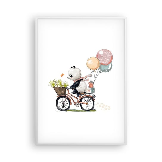 Obraz - Plakat - Szczęśliwy dzień - 70x100cm - Dla Dzieci Panda Na Rowerze Abstrakcja - Foto Plakaty w ramie koloru białego do Salonu Sypialni ARTTOR ARTTOR
