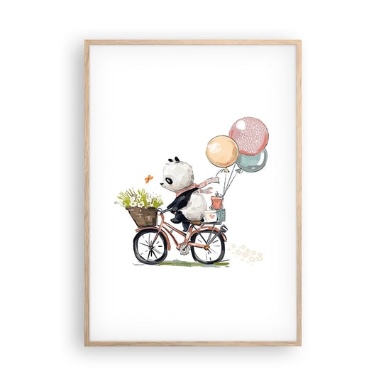 Obraz - Plakat - Szczęśliwy dzień - 70x100cm - Dla Dzieci Panda Na Rowerze Abstrakcja - Foto Plakaty w ramie koloru jasny dąb do Salonu Sypialni ARTTOR ARTTOR