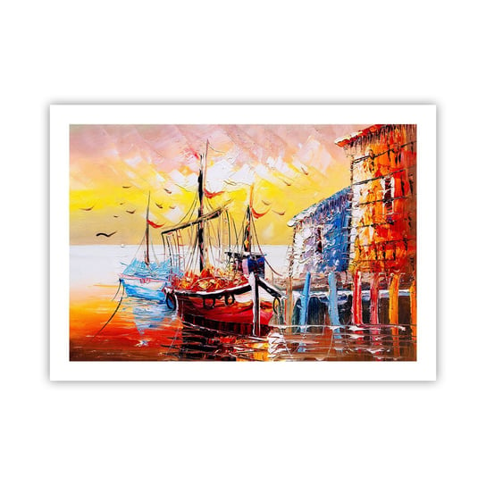 Obraz - Plakat - Szczęśliwy powrót - 70x50cm - Krajobraz Port Rybacki Łódki - Nowoczesny modny obraz Plakat bez ramy do Salonu Sypialni ARTTOR ARTTOR