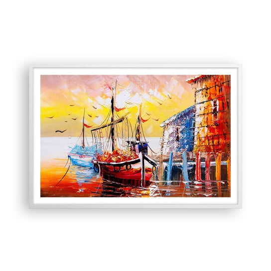 Obraz - Plakat - Szczęśliwy powrót - 91x61cm - Krajobraz Port Rybacki Łódki - Foto Plakaty na ścianę w ramie białej - Plakat do Salonu Sypialni ARTTOR ARTTOR