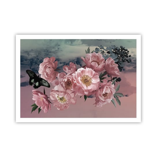 Obraz - Plakat - Szczyt romantyzmu - 100x70cm - Kwiat Piwonii Motyl Kwiaty - Foto Plakaty bez ramy na ścianę do Salonu Sypialni ARTTOR ARTTOR