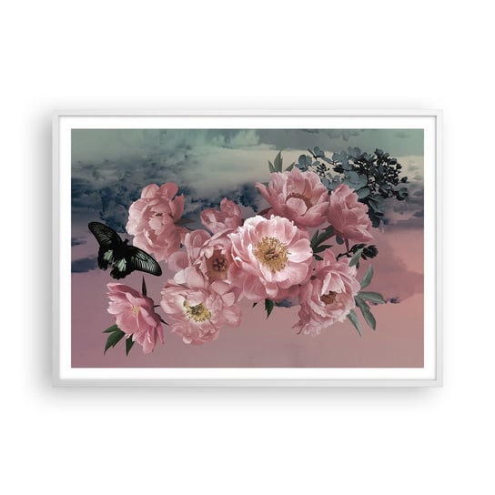 Obraz - Plakat - Szczyt romantyzmu - 100x70cm - Kwiat Piwonii Motyl Kwiaty - Foto Plakaty w ramie koloru białego do Salonu Sypialni ARTTOR ARTTOR