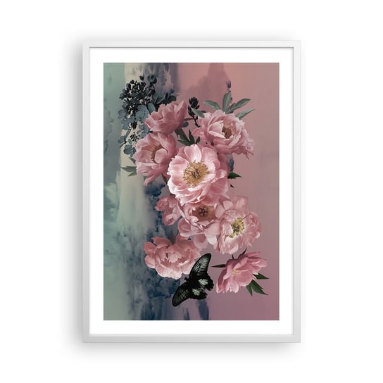 Obraz - Plakat - Szczyt romantyzmu - 50x70cm - Kwiat Piwonii Motyl Kwiaty - Nowoczesny modny obraz Plakat rama biała ARTTOR ARTTOR