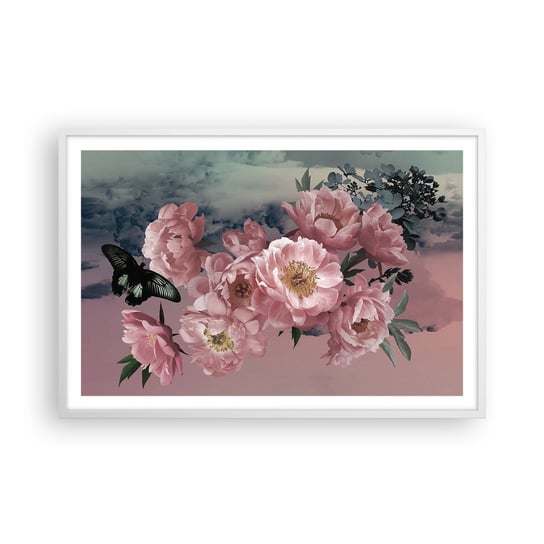 Obraz - Plakat - Szczyt romantyzmu - 91x61cm - Kwiat Piwonii Motyl Kwiaty - Foto Plakaty na ścianę w ramie białej - Plakat do Salonu Sypialni ARTTOR ARTTOR