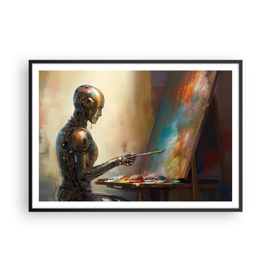 Obraz - Plakat - Sztuka przyszłości - 100x70cm - Malarstwo Robot Pędzel - Foto Plakaty w ramie koloru czarnego do Salonu Sypialni ARTTOR ARTTOR