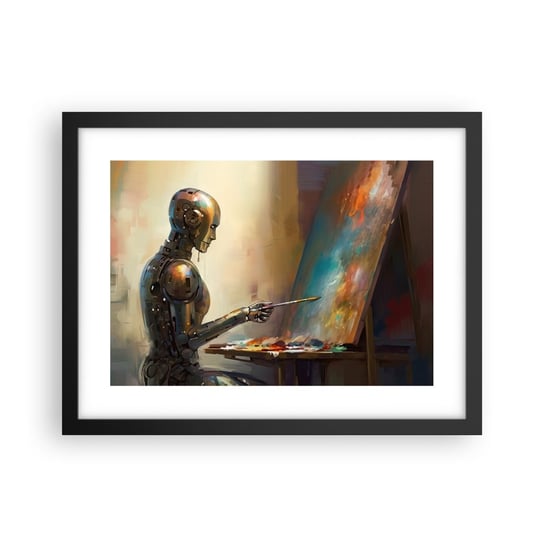 Obraz - Plakat - Sztuka przyszłości - 40x30cm - Malarstwo Robot Pędzel - Foto Plakaty na ścianę w czarnej ramie - Plakat do Salonu Sypialni ARTTOR ARTTOR