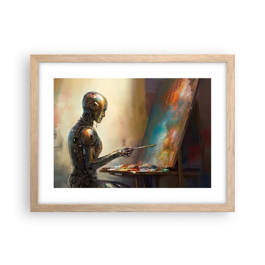 Obraz - Plakat - Sztuka przyszłości - 40x30cm - Malarstwo Robot Pędzel - Foto Plakaty na ścianę w ramie jasny dąb - Plakat do Salonu Sypialni ARTTOR ARTTOR
