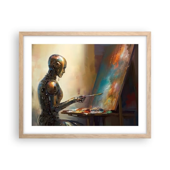 Obraz - Plakat - Sztuka przyszłości - 50x40cm - Malarstwo Robot Pędzel - Foto Plakaty w ramie koloru jasny dąb do Salonu Sypialni ARTTOR ARTTOR