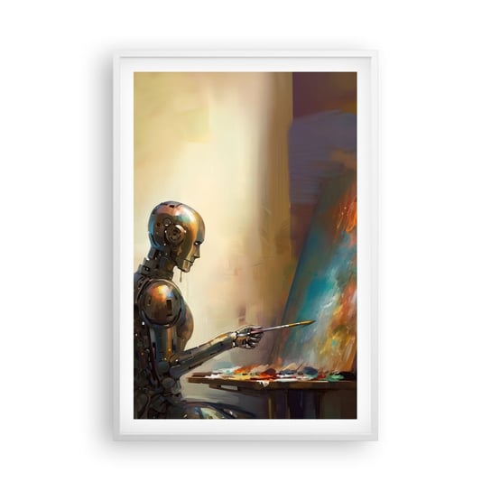 Obraz - Plakat - Sztuka przyszłości - 61x91cm - Malarstwo Robot Pędzel - Foto Plakaty na ścianę w ramie białej - Plakat do Salonu Sypialni ARTTOR ARTTOR