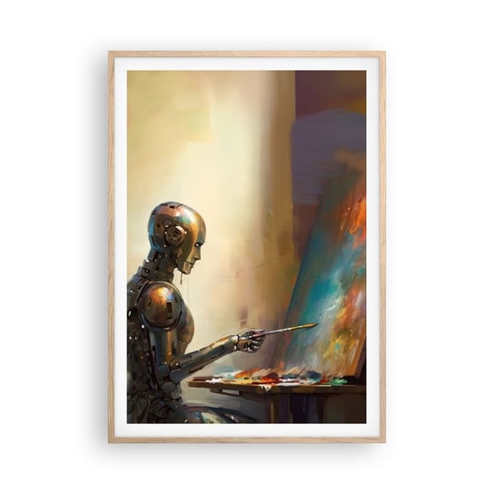 Obraz - Plakat - Sztuka przyszłości - 70x100cm - Malarstwo Robot Pędzel - Foto Plakaty w ramie koloru jasny dąb do Salonu Sypialni ARTTOR ARTTOR