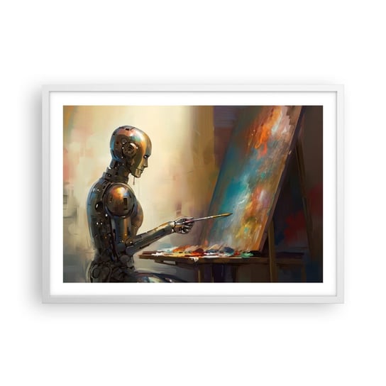 Obraz - Plakat - Sztuka przyszłości - 70x50cm - Malarstwo Robot Pędzel - Nowoczesny modny obraz Plakat rama biała ARTTOR ARTTOR