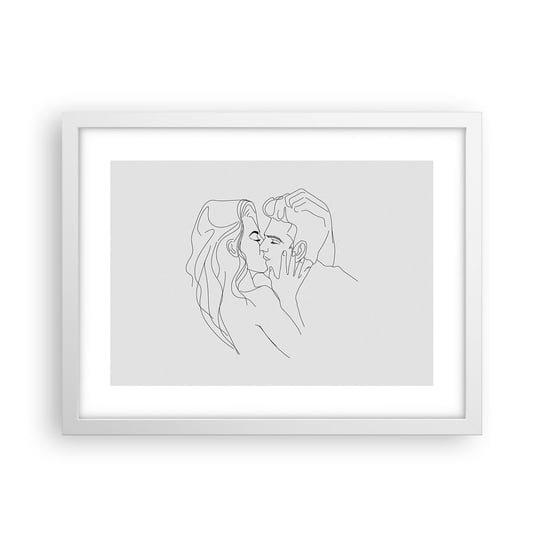Obraz - Plakat - Tą samą kreską - 40x30cm - Grafika Zakochana Para Pocałunek - Foto Plakaty na ścianę w ramie białej - Plakat do Salonu Sypialni ARTTOR ARTTOR