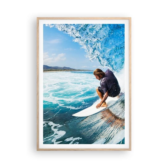 Obraz - Plakat - Tańczący z falami - 70x100cm - Sport Surfing Deska Surfingowa - Foto Plakaty w ramie koloru jasny dąb do Salonu Sypialni ARTTOR ARTTOR